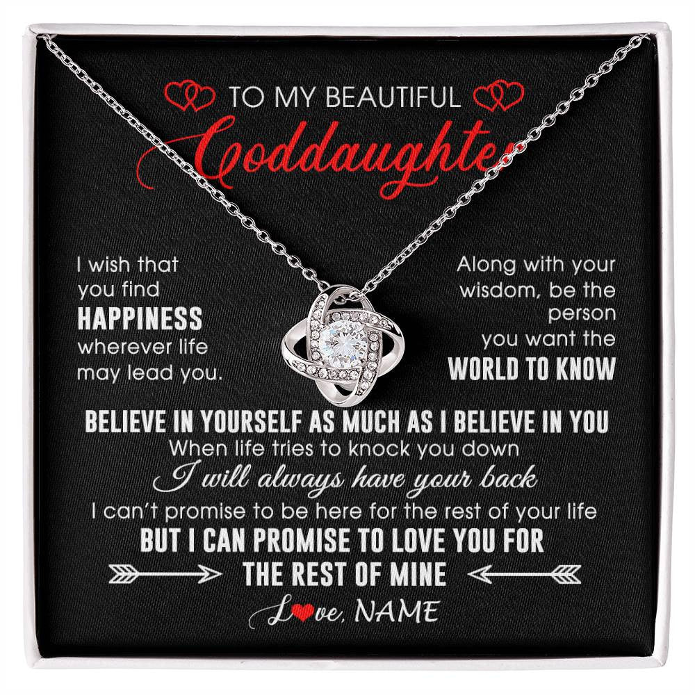 Love Knot Necklace 14K White Gold Finish | Personalized To My Beautiful Goddaughter Necklace From Godmother Happiness Wherever Life Birthday Graduation Christmas Customized Gift Box Message Card | siriusteestore