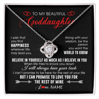 Love Knot Necklace 14K White Gold Finish | Personalized To My Beautiful Goddaughter Necklace From Godmother Happiness Wherever Life Birthday Graduation Christmas Customized Gift Box Message Card | siriusteestore