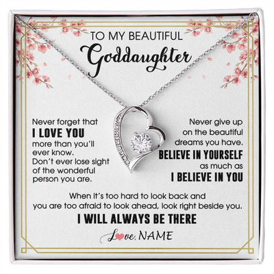 Forever Love Necklace 14K White Gold Finish | 1 | Personalized To My Beautiful Goddaughter Necklace From Godmother I Love You Believe In You Goddaughter Birthday Christmas Customized Gift Box Message Card | siriusteestore