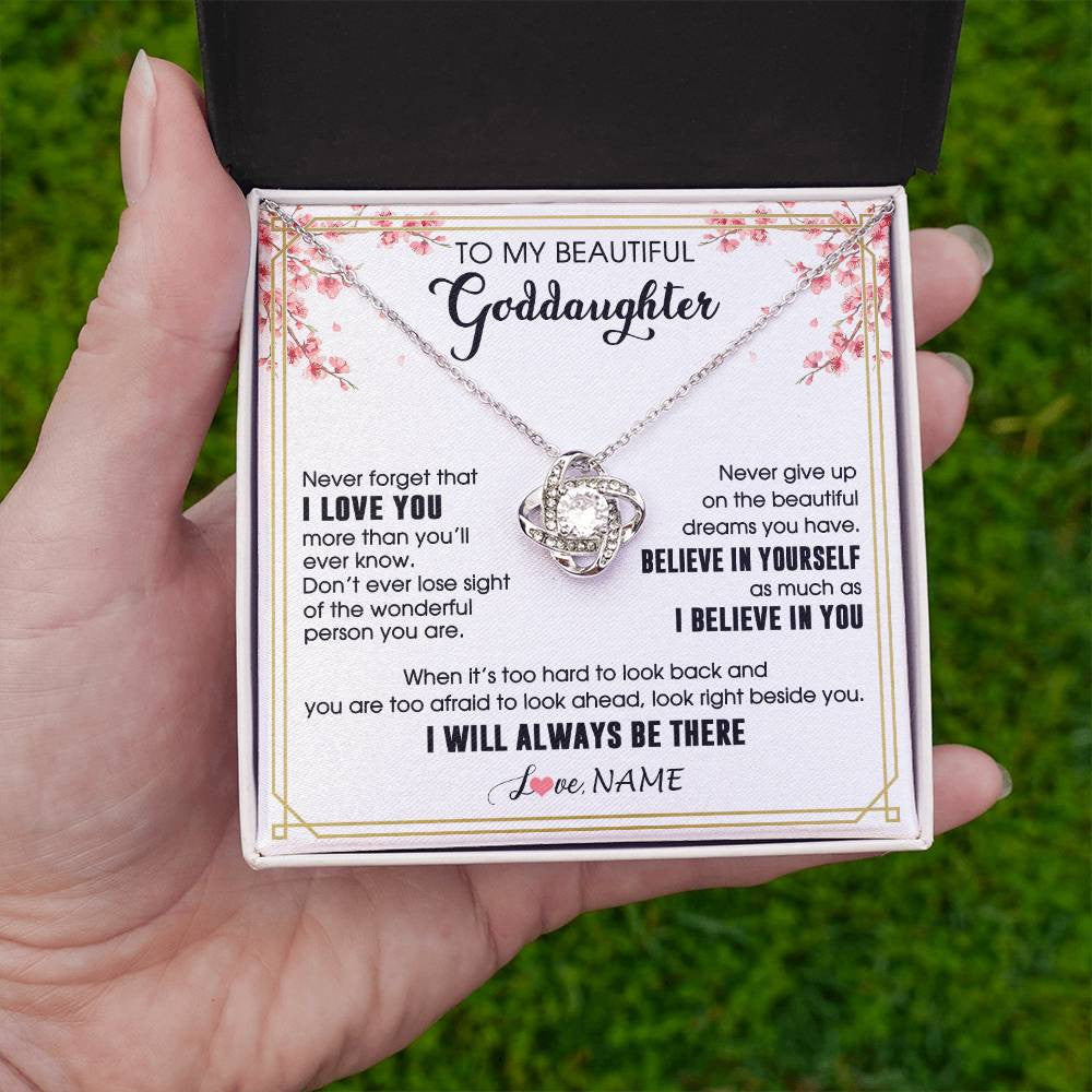 Love Knot Necklace 14K White Gold Finish | 2 | Personalized To My Beautiful Goddaughter Necklace From Godmother I Love You Believe In You Goddaughter Birthday Christmas Customized Gift Box Message Card | siriusteestore
