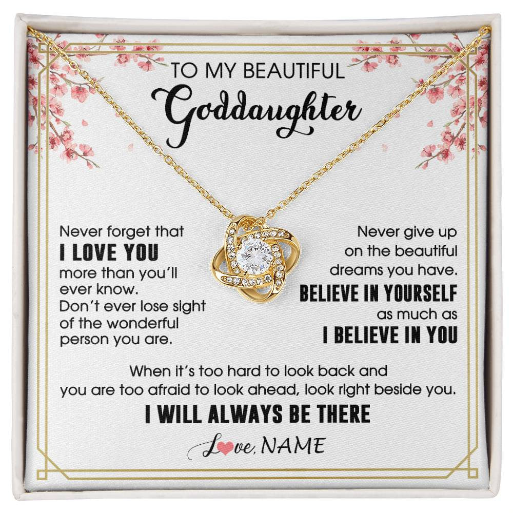 Love Knot Necklace 18K Yellow Gold Finish | 1 | Personalized To My Beautiful Goddaughter Necklace From Godmother I Love You Believe In You Goddaughter Birthday Christmas Customized Gift Box Message Card | siriusteestore