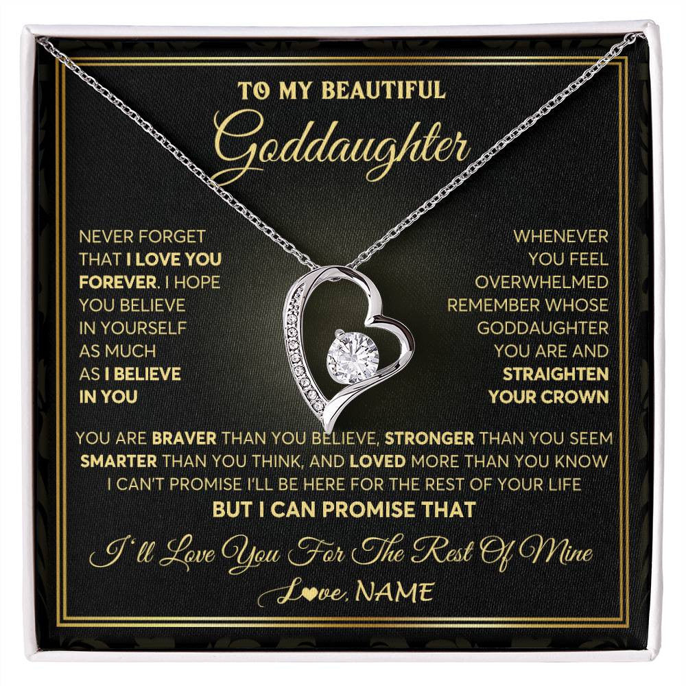 Forever Love Necklace 14K White Gold Finish | 1 | Personalized To My Beautiful Goddaughter Necklace From Godmother I Love You Jewelry Gifts For Goddaughter Birthday Graduation Christmas Gift Box Message Card | siriusteestore
