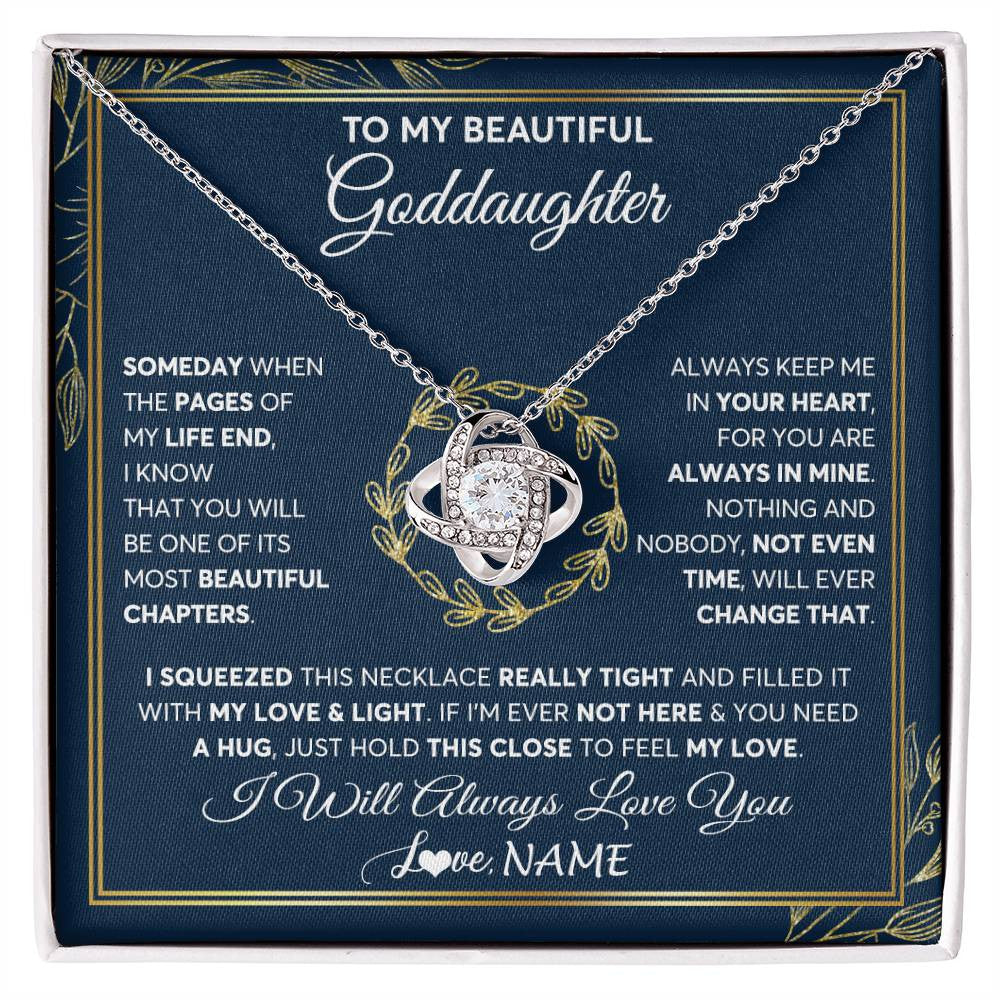 Love Knot Necklace 14K White Gold Finish | Personalized To My Beautiful Goddaughter Necklace From Godmother Someday Goddaughter Birthday Christmas Jewelry Charm Present Customized Gift Box Message Card | siriusteestore
