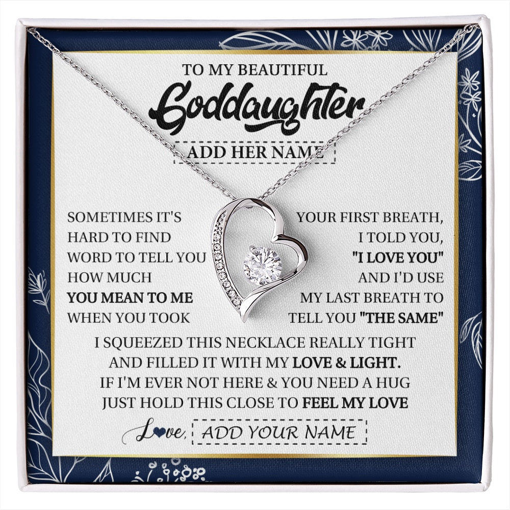 Forever Love Necklace 14K White Gold Finish | 1 | Personalized To My Beautiful Goddaughter Necklace From Godmother Uncle Feel My Love Valentine Gifts For Goddaughter Birthday Christmas Gift Box Message Card | https://siriusteestore.