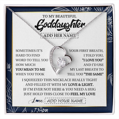 Forever Love Necklace 14K White Gold Finish | 1 | Personalized To My Beautiful Goddaughter Necklace From Godmother Uncle Feel My Love Valentine Gifts For Goddaughter Birthday Christmas Gift Box Message Card | https://siriusteestore.