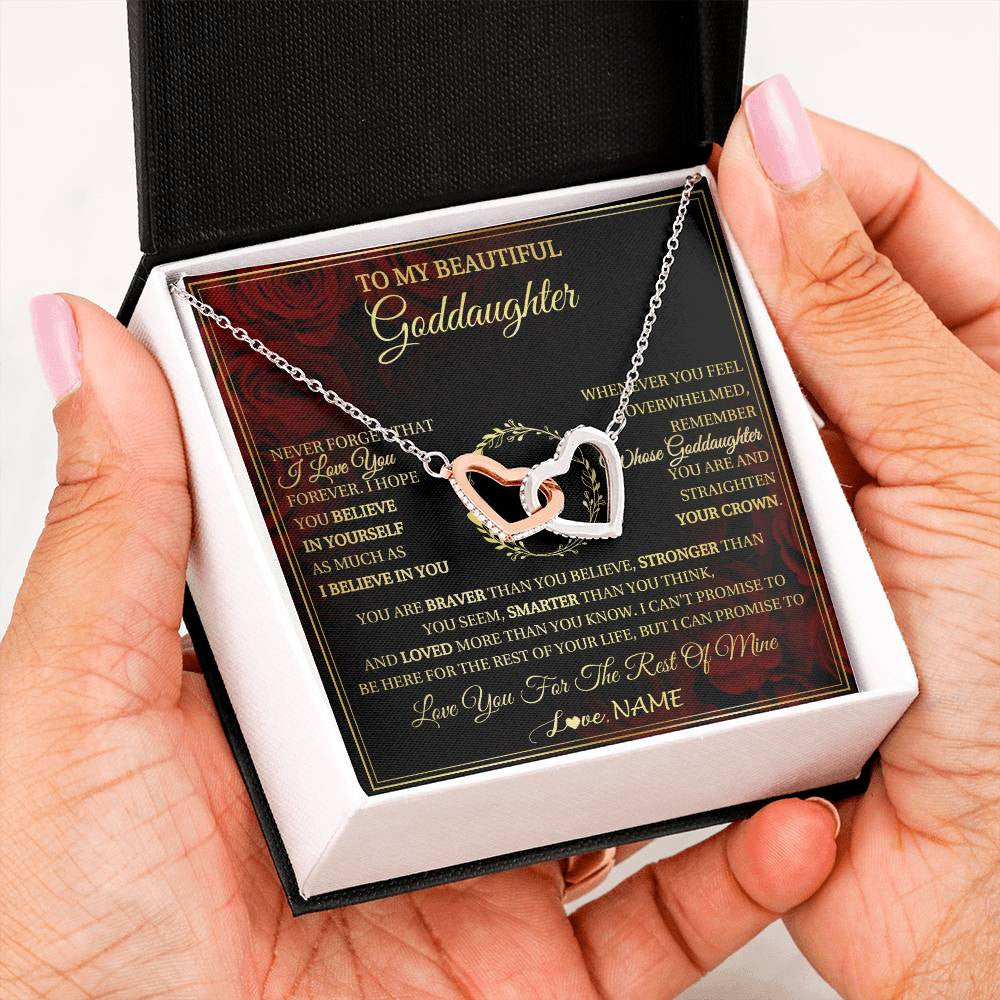 Interlocking Hearts Necklace Stainless Steel & Rose Gold Finish | 2 | Personalized To My Beautiful Goddaughter Necklace Gift From Godmother Uncle I Love You Goddaughter Birthday Jewelry Christmas Customized Gift Box Message Card | siriusteestore