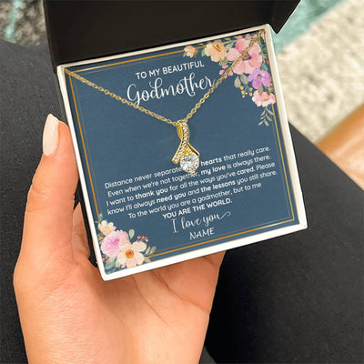 Alluring Beauty Necklace 18K Yellow Gold Finish | 2 | Personalized To My Beautiful Godmother Necklace From Niece You Are The World Godmother Birthday Mothers Day Christmas Customized Gift Box Message Card | siriusteestore