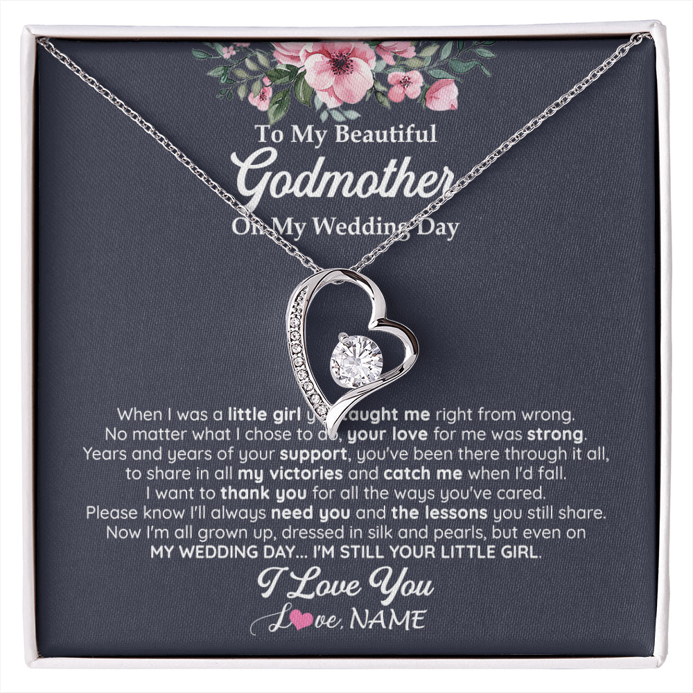 Forever Love Necklace 14K White Gold Finish | 1 | Personalized To My Beautiful Godmother On My Wedding Day Necklace From Goddaughter Little Girl Godmother Of Bride Wedding Day Customized Gift Box Message Card | siriusteestore