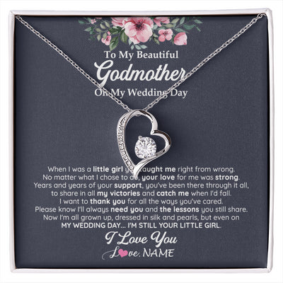 Forever Love Necklace 14K White Gold Finish | 1 | Personalized To My Beautiful Godmother On My Wedding Day Necklace From Goddaughter Little Girl Godmother Of Bride Wedding Day Customized Gift Box Message Card | siriusteestore