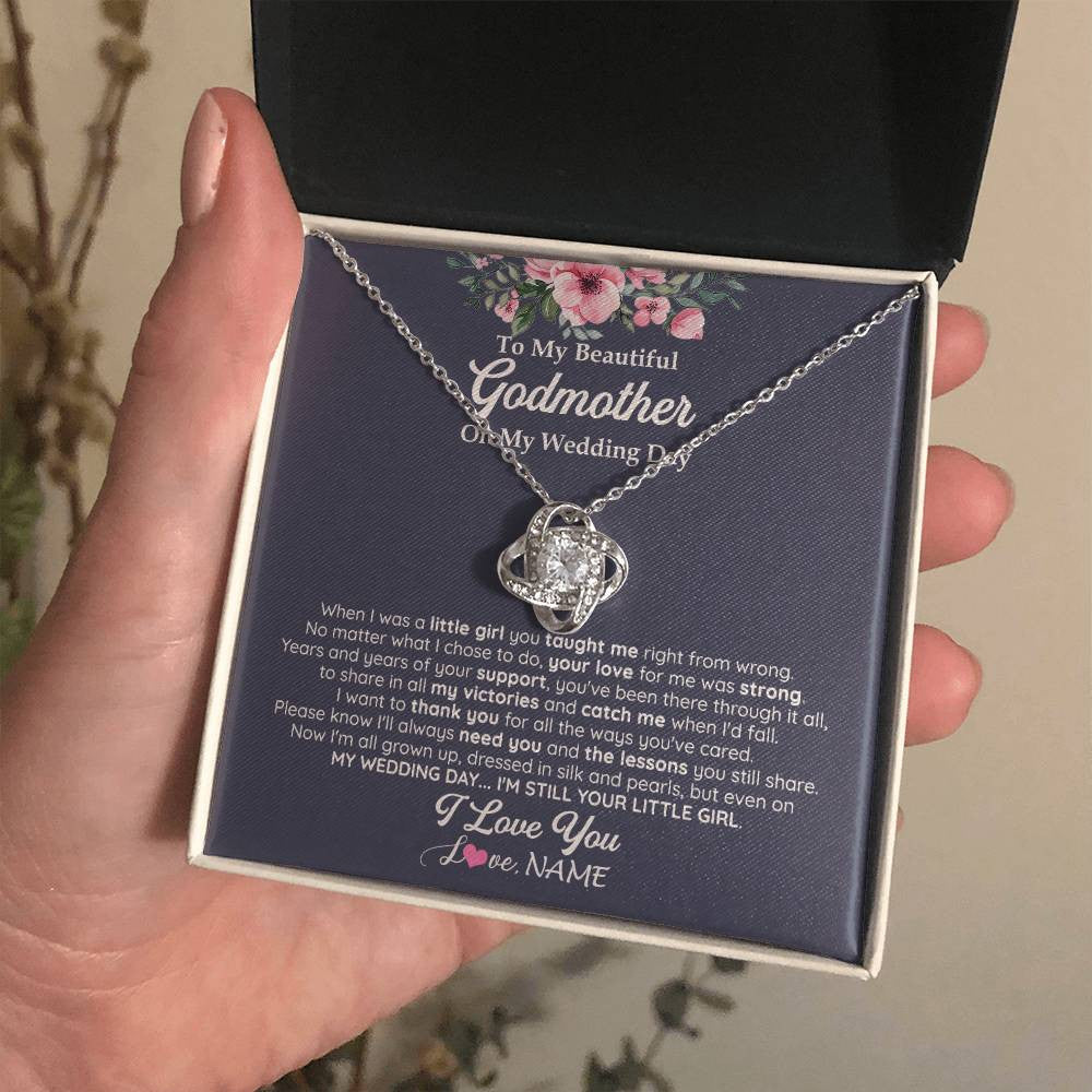 Love Knot Necklace 14K White Gold Finish | 2 | Personalized To My Beautiful Godmother On My Wedding Day Necklace From Goddaughter Little Girl Godmother Of Bride Wedding Day Customized Gift Box Message Card | siriusteestore