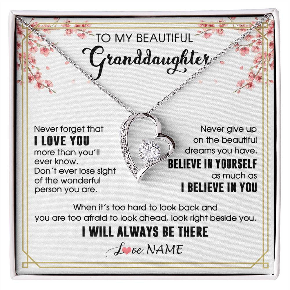 Forever Love Necklace 14K White Gold Finish | 1 | Personalized To My Beautiful Granddaughter From Grandma Necklace I Love You Believe In You Granddaughter Birthday Christmas Customized Gift Box Message Card | siriusteestore