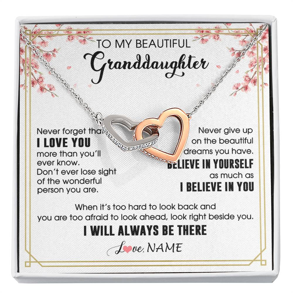 Interlocking Hearts Necklace Stainless Steel & Rose Gold Finish | 1 | Personalized To My Beautiful Granddaughter From Grandma Necklace I Love You Believe In You Granddaughter Birthday Christmas Customized Gift Box Message Card | siriusteestore