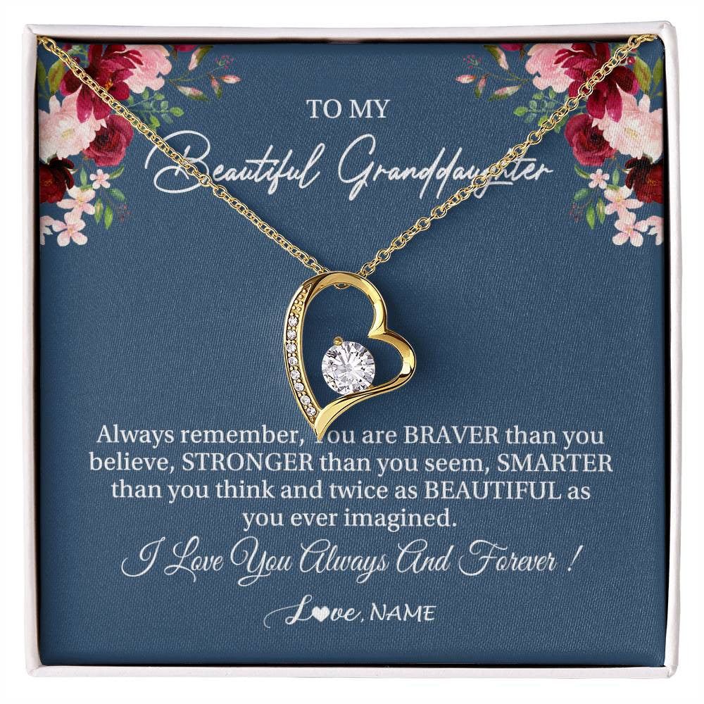 Forever Love Necklace 18K Yellow Gold Finish | Personalized To My Beautiful Granddaughter Necklace From Grandma Braver Stronger Smarter Granddaughter Jewelry Birthday Christmas Customized Message Card | siriusteestore