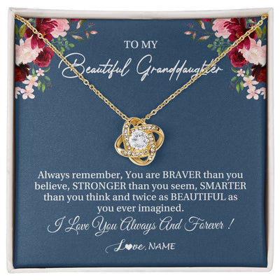 Love Knot Necklace 18K Yellow Gold Finish | Personalized To My Beautiful Granddaughter Necklace From Grandma Braver Stronger Smarter Granddaughter Jewelry Birthday Christmas Customized Message Card | siriusteestore