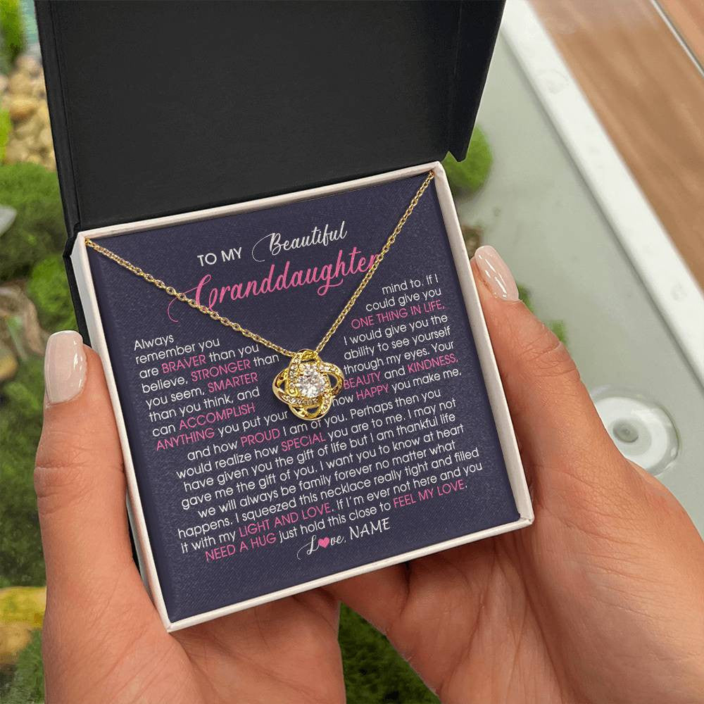 Love Knot Necklace 18K Yellow Gold Finish | Personalized To My Beautiful Granddaughter Necklace From Grandma Nana Feel My Love Granddaughter Birthday Graduation Christmas Customized Gift Box Message Card | siriusteestore