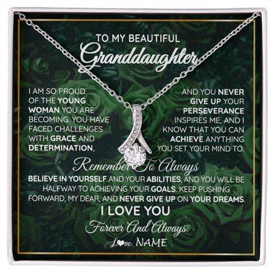 Alluring Beauty Necklace 14K White Gold Finish | Personalized To My Beautiful Granddaughter Necklace From Grandma Never Give Up Birthday Graduation Motivational Quote Customized Gift Box Message Card | siriusteestore