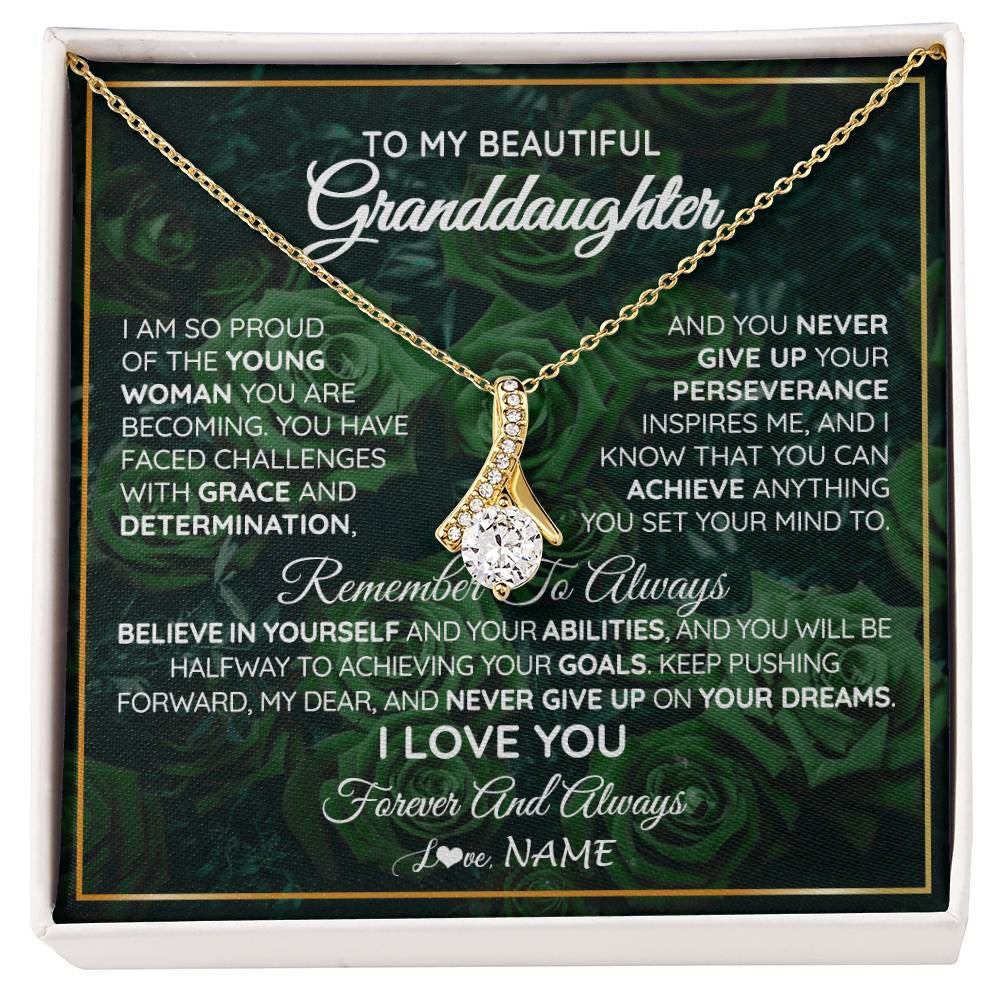 Alluring Beauty Necklace 18K Yellow Gold Finish | Personalized To My Beautiful Granddaughter Necklace From Grandma Never Give Up Birthday Graduation Motivational Quote Customized Gift Box Message Card | siriusteestore