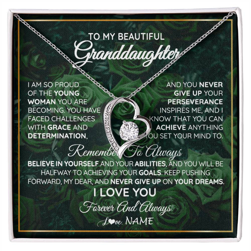 Forever Love Necklace 14K White Gold Finish | Personalized To My Beautiful Granddaughter Necklace From Grandma Never Give Up Birthday Graduation Motivational Quote Customized Gift Box Message Card | siriusteestore
