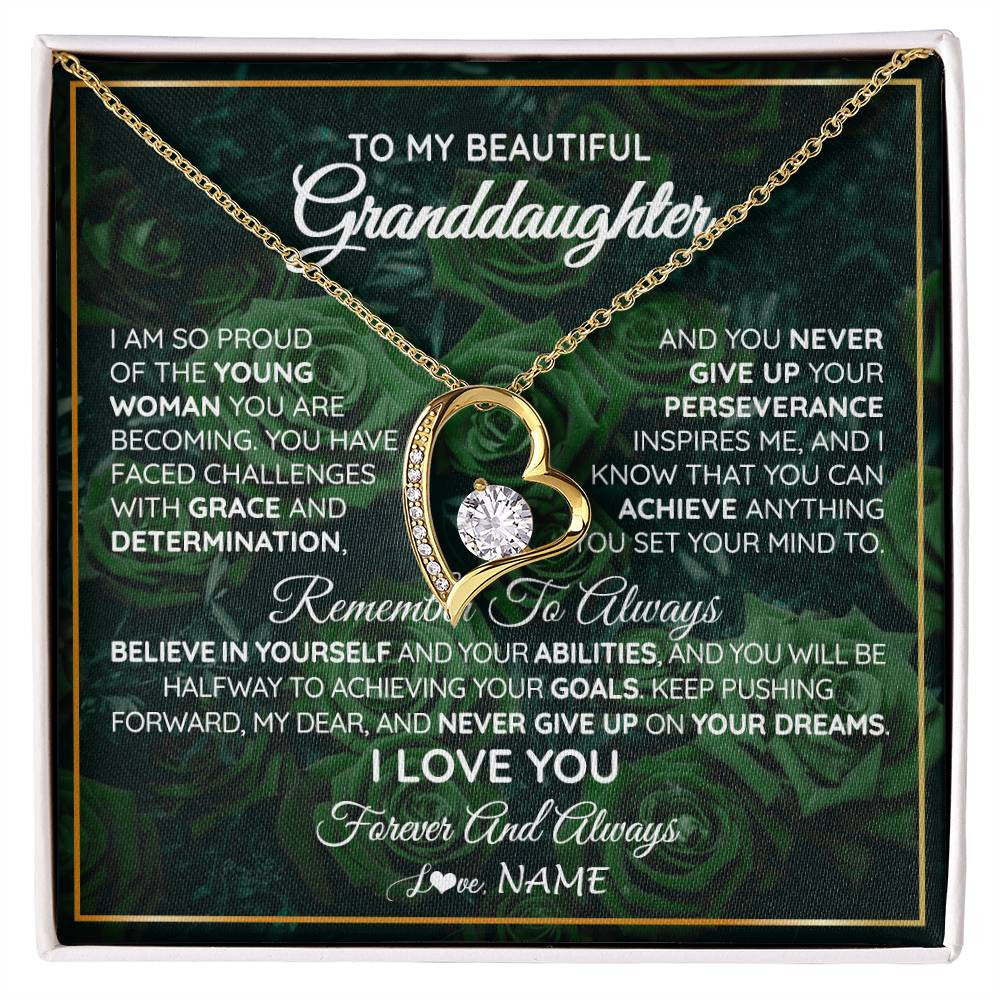 Forever Love Necklace 18K Yellow Gold Finish | Personalized To My Beautiful Granddaughter Necklace From Grandma Never Give Up Birthday Graduation Motivational Quote Customized Gift Box Message Card | siriusteestore