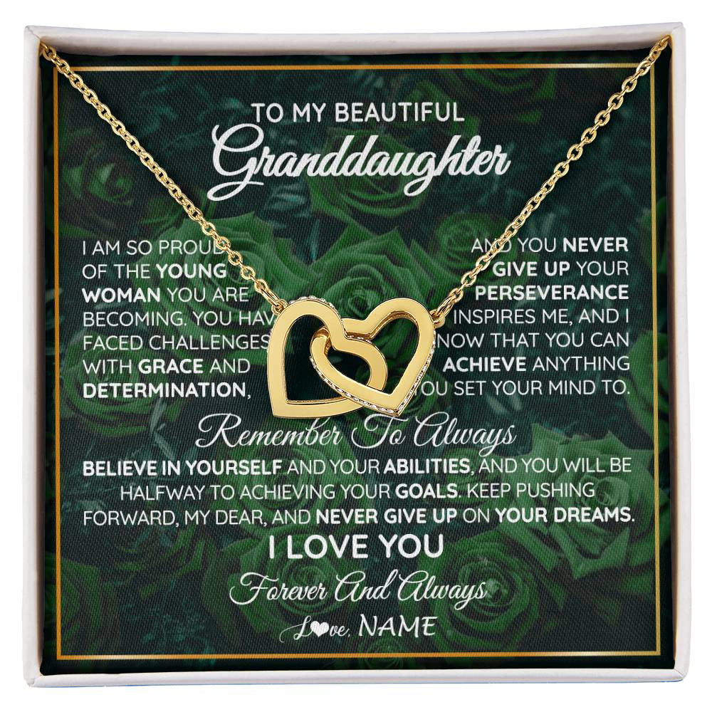 Interlocking Hearts Necklace 18K Yellow Gold Finish | Personalized To My Beautiful Granddaughter Necklace From Grandma Never Give Up Birthday Graduation Motivational Quote Customized Gift Box Message Card | siriusteestore