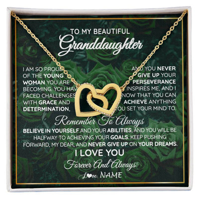 Interlocking Hearts Necklace 18K Yellow Gold Finish | Personalized To My Beautiful Granddaughter Necklace From Grandma Never Give Up Birthday Graduation Motivational Quote Customized Gift Box Message Card | siriusteestore