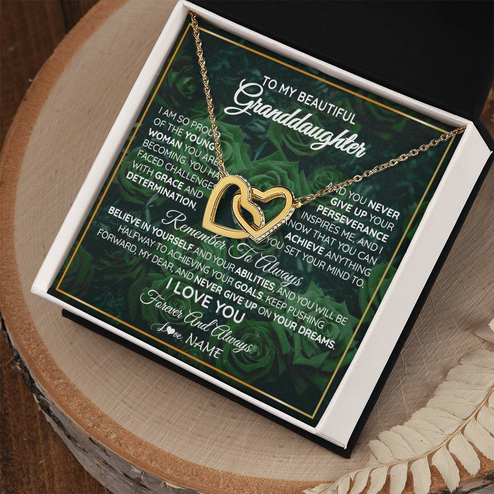 Interlocking Hearts Necklace 18K Yellow Gold Finish | Personalized To My Beautiful Granddaughter Necklace From Grandma Never Give Up Birthday Graduation Motivational Quote Customized Gift Box Message Card | siriusteestore