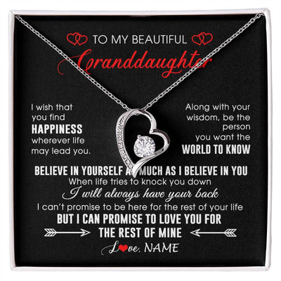Forever Love Necklace 14K White Gold Finish | Personalized To My Beautiful Granddaughter Necklace From Grandma Papa Happiness Wherever Life Birthday Graduation Christmas Customized Gift Box Message Card | siriusteestore