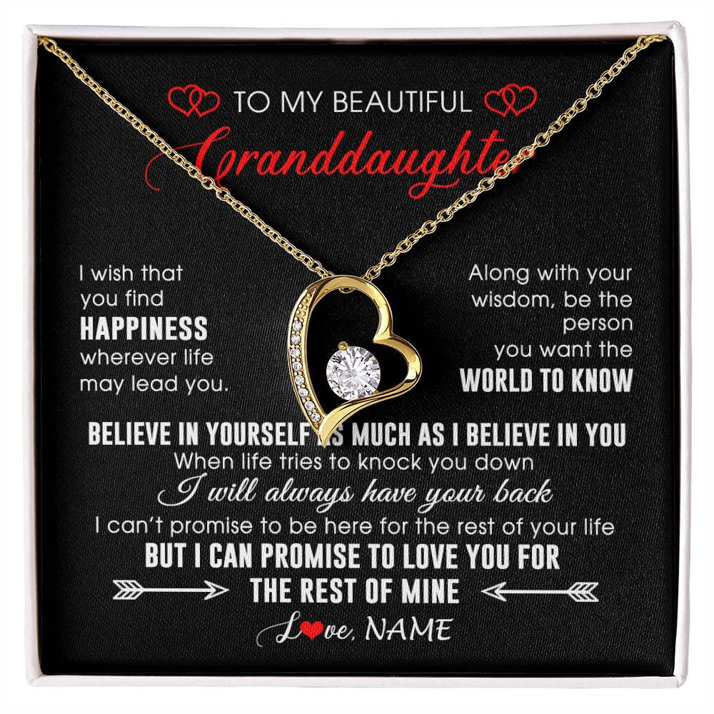 Forever Love Necklace 18K Yellow Gold Finish | Personalized To My Beautiful Granddaughter Necklace From Grandma Papa Happiness Wherever Life Birthday Graduation Christmas Customized Gift Box Message Card | siriusteestore