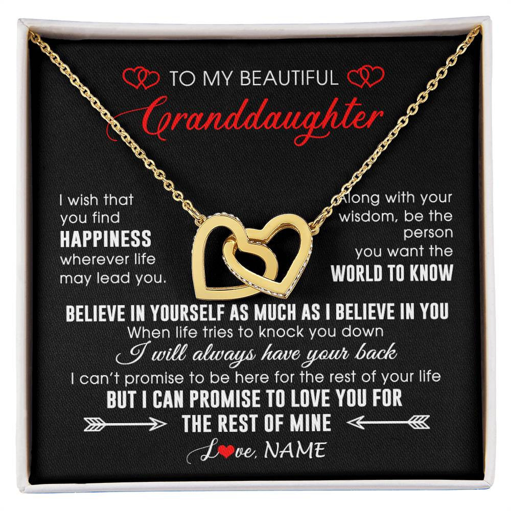 Interlocking Hearts Necklace 18K Yellow Gold Finish | Personalized To My Beautiful Granddaughter Necklace From Grandma Papa Happiness Wherever Life Birthday Graduation Christmas Customized Gift Box Message Card | siriusteestore