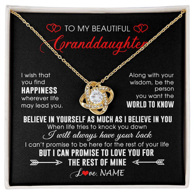 Love Knot Necklace 18K Yellow Gold Finish | Personalized To My Beautiful Granddaughter Necklace From Grandma Papa Happiness Wherever Life Birthday Graduation Christmas Customized Gift Box Message Card | siriusteestore