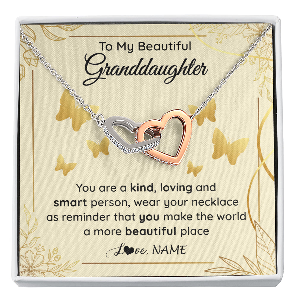 Interlocking Hearts Necklace Stainless Steel & Rose Gold Finish | 1 | Personalized To My Beautiful Granddaughter Necklace From Grandma You Are A Kind Loving Granddaughter Birthday Christmas Customized Gift Box Message Card | siriusteestore