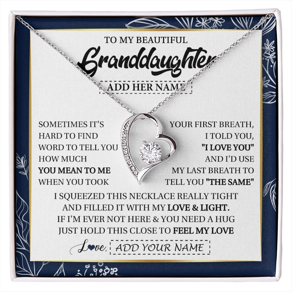 Forever Love Necklace 14K White Gold Finish | 1 | Personalized To My Beautiful Granddaughter Necklace From Granparents Feel My Love Valentine Gifts For Granddaughter Birthday Christmas Gift Box Message Card | https://siriusteestore.