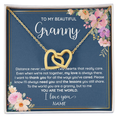 Interlocking Hearts Necklace 18K Yellow Gold Finish | 1 | Personalized To My Beautiful Granny Necklace From Grandkids Granddaughter You Are The World Granny Birthday Mothers Day Customized Gift Box Message Card | siriusteestore