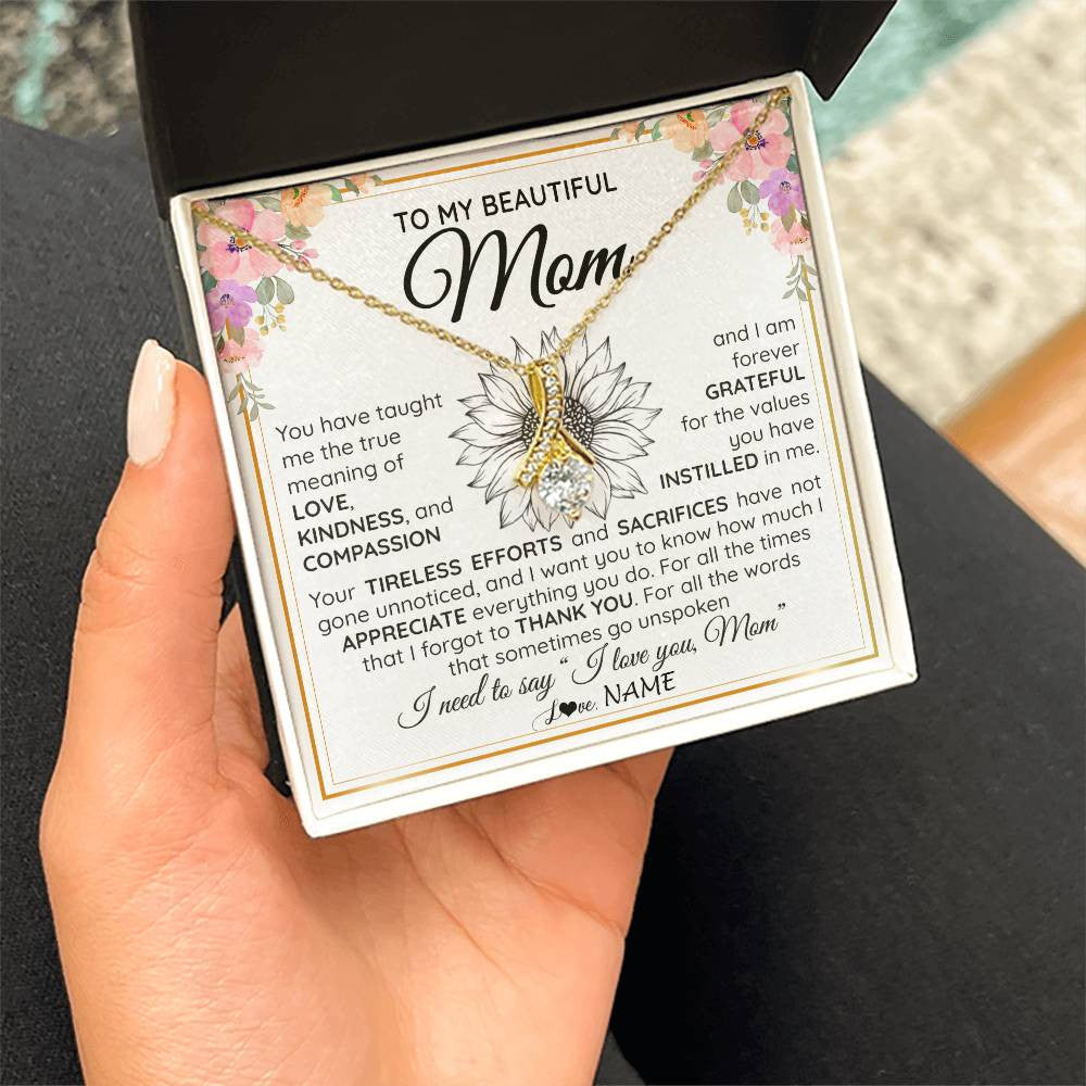 Alluring Beauty Necklace 18K Yellow Gold Finish | Personalized To My Beautiful Mom From Daughter Son Necklace Say I Love You Mom Birthday Mothers Day Christmas Jewelry Customized Gift Box Message Card | siriusteestore