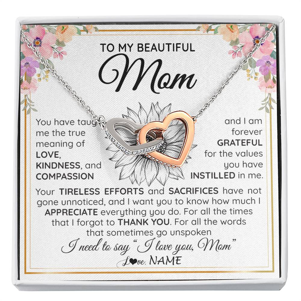 Interlocking Hearts Necklace Stainless Steel & Rose Gold Finish | Personalized To My Beautiful Mom From Daughter Son Necklace Say I Love You Mom Birthday Mothers Day Christmas Jewelry Customized Gift Box Message Card | siriusteestore