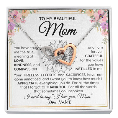 Interlocking Hearts Necklace Stainless Steel & Rose Gold Finish | Personalized To My Beautiful Mom From Daughter Son Necklace Say I Love You Mom Birthday Mothers Day Christmas Jewelry Customized Gift Box Message Card | siriusteestore
