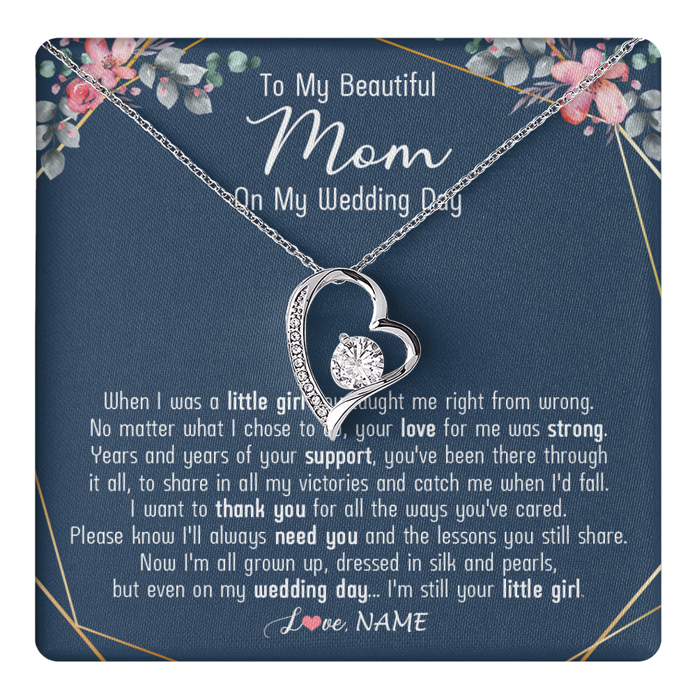 Forever Love Necklace 14K White Gold Finish | 1 | Personalized To My Beautiful Mom Necklace From Daughter On My Wedding Day Mother Of The Bride From Daughter Mom Jewelry Customized Gift Box Message Card | siriusteestore