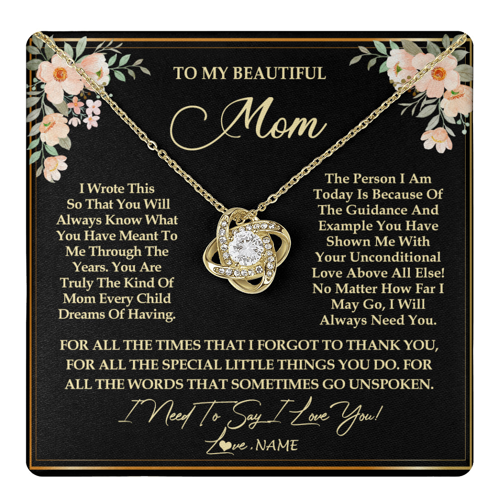 Love Knot Necklace 18K Yellow Gold Finish | 1 | Personalized To My Beautiful Mom Necklace from Daughter Son I Need to Say I Love You Mom Birthday Mother's Day Pendant Jewelry Customized Gift Box Message Card | siriusteestore