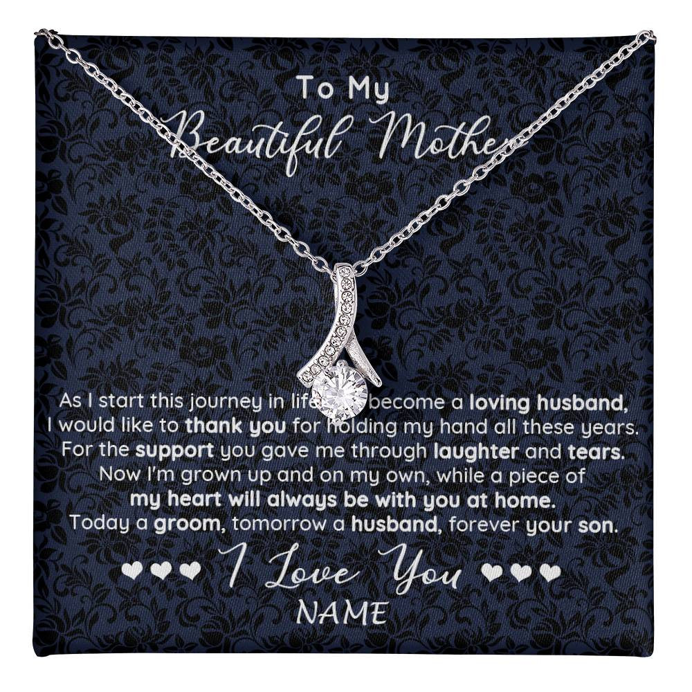 Alluring Beauty Necklace 14K White Gold Finish | 1 | Personalized To My Beautiful Mother Necklace From Son On My Wedding Day Mother Of The Groom For Mom Wedding Day Jewelry Customized Gift Box Message Card | siriusteestore
