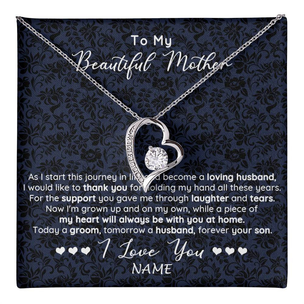 Forever Love Necklace 14K White Gold Finish | 1 | Personalized To My Beautiful Mother Necklace From Son On My Wedding Day Mother Of The Groom For Mom Wedding Day Jewelry Customized Gift Box Message Card | siriusteestore