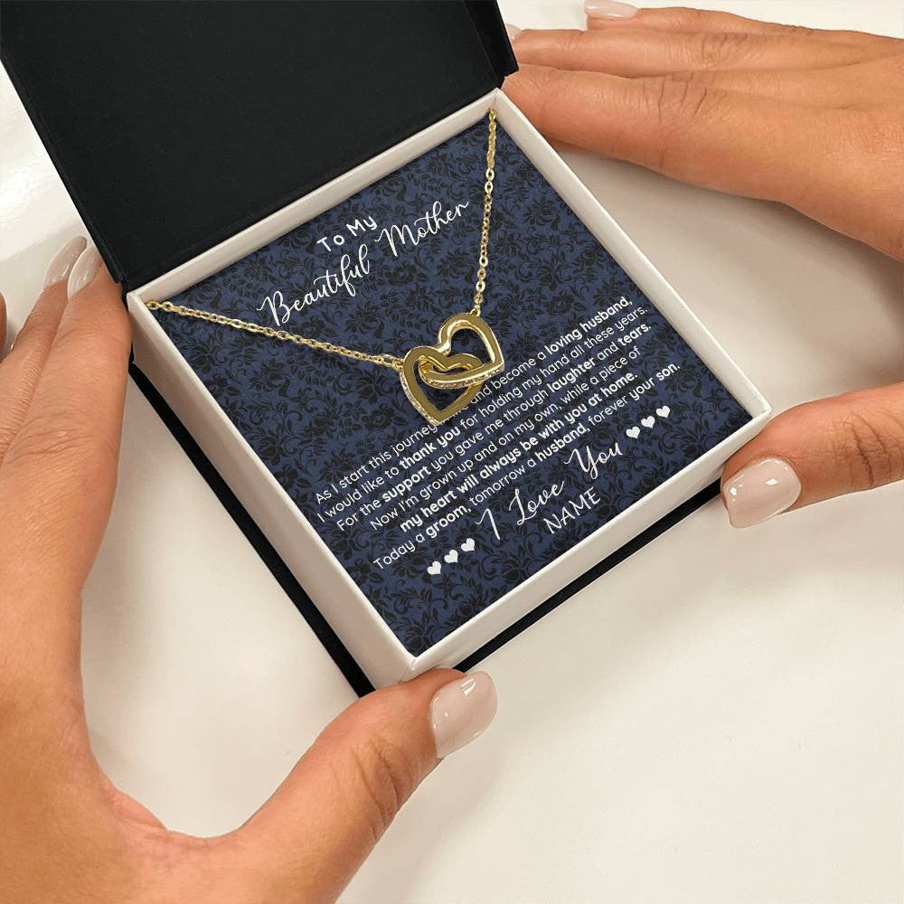 Interlocking Hearts Necklace 18K Yellow Gold Finish | 2 | Personalized To My Beautiful Mother Necklace From Son On My Wedding Day Mother Of The Groom For Mom Wedding Day Jewelry Customized Gift Box Message Card | siriusteestore
