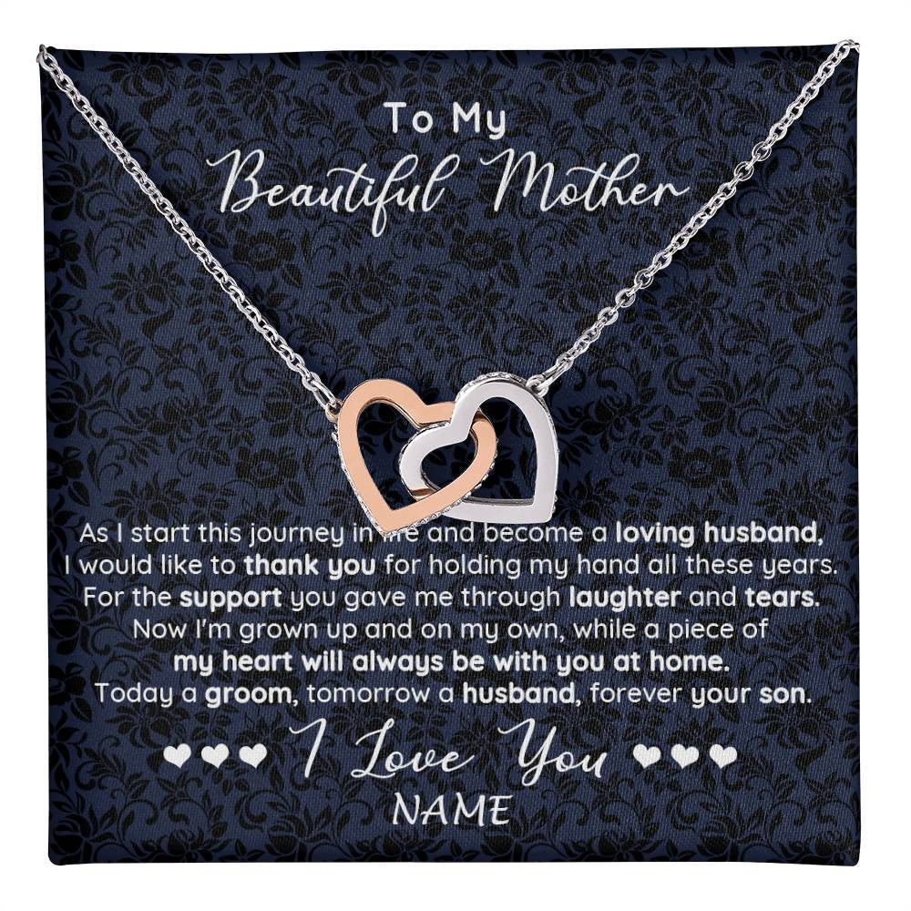 Interlocking Hearts Necklace Stainless Steel & Rose Gold Finish | 1 | Personalized To My Beautiful Mother Necklace From Son On My Wedding Day Mother Of The Groom For Mom Wedding Day Jewelry Customized Gift Box Message Card | siriusteestore