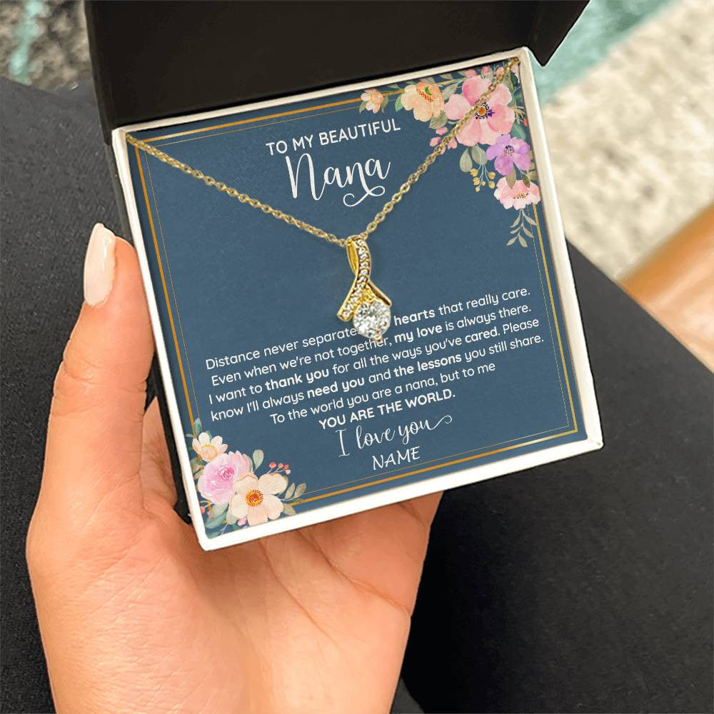 Alluring Beauty Necklace 18K Yellow Gold Finish | 2 | Personalized To My Beautiful Nana Necklace From Grandkids Granddaughter You Are The World Nana Birthday Mothers Day Christmas Customized Gift Box Message Card | siriusteestore