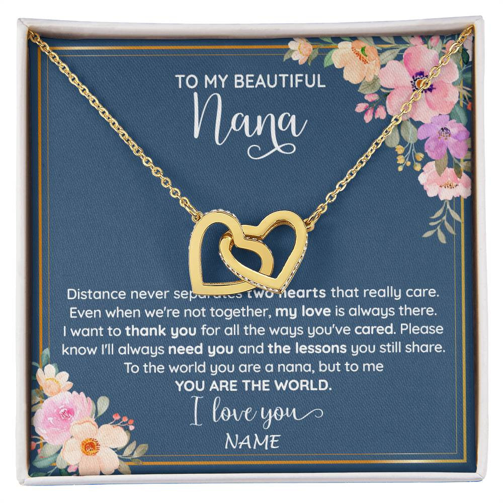 Interlocking Hearts Necklace 18K Yellow Gold Finish | 1 | Personalized To My Beautiful Nana Necklace From Grandkids Granddaughter You Are The World Nana Birthday Mothers Day Christmas Customized Gift Box Message Card | siriusteestore