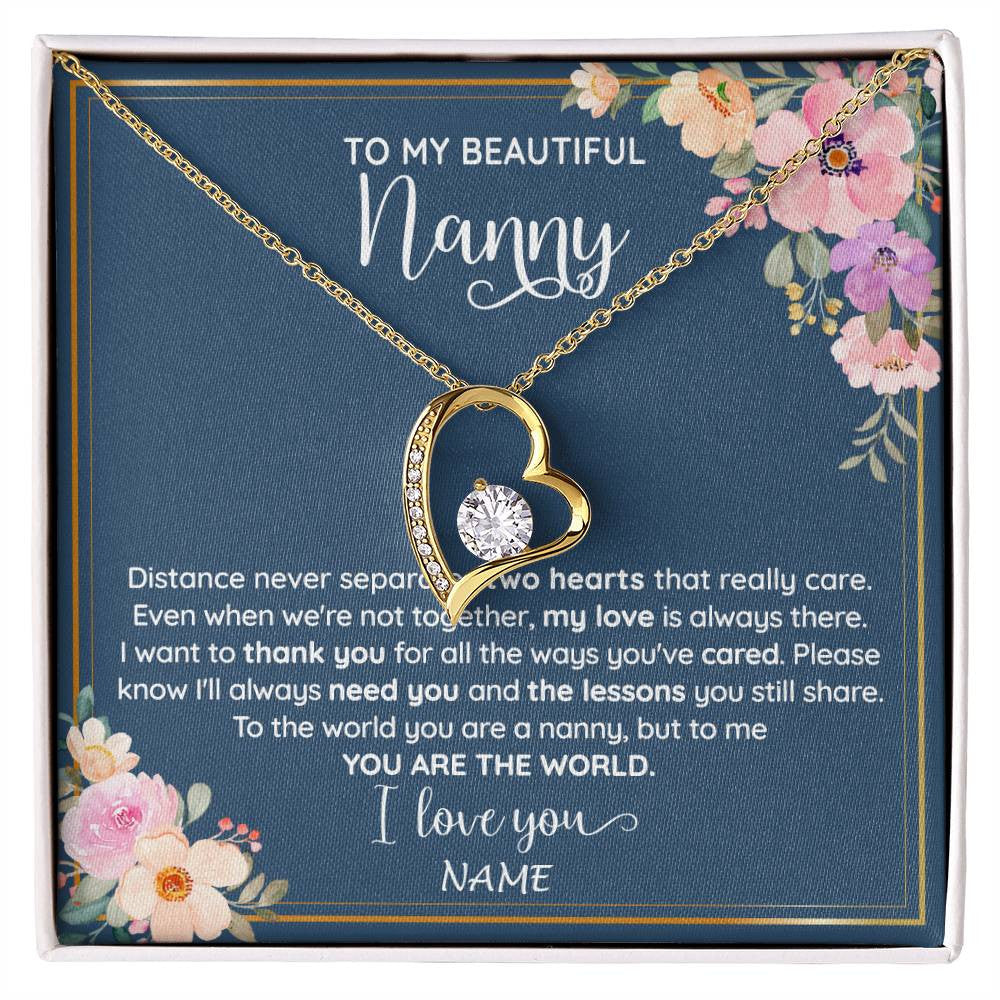 Forever Love Necklace 18K Yellow Gold Finish | 1 | Personalized To My Beautiful Nanny Necklace From Kids You Are The World Nanny Birthday Mothers Day Christmas Jewelry Pendant Customized Gift Box Message Card | siriusteestore