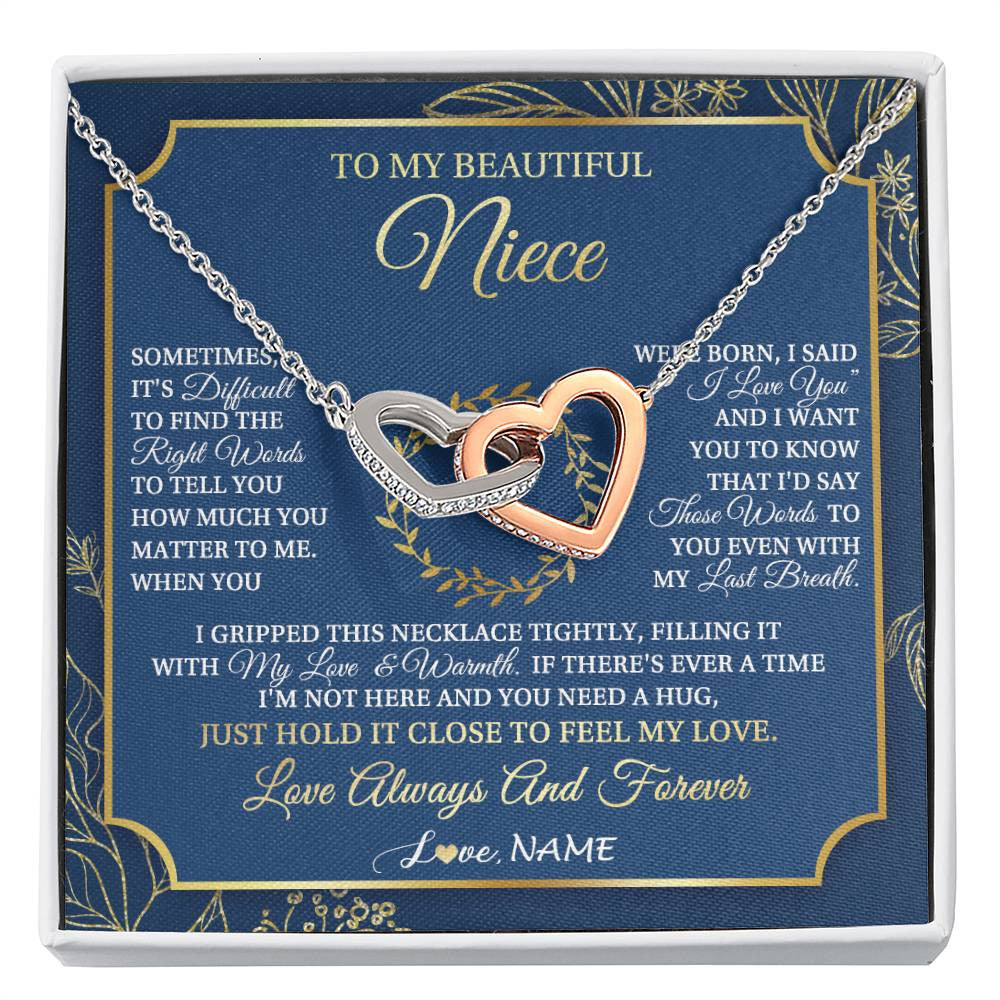 Interlocking Hearts Necklace Stainless Steel & Rose Gold Finish | 1 | Personalized To My Beautiful Niece From Aunt Uncle I Gripped This Necklace Niece Jewelry Birthday Gifts Christmas Customized Gift Box Message Card | siriusteestore