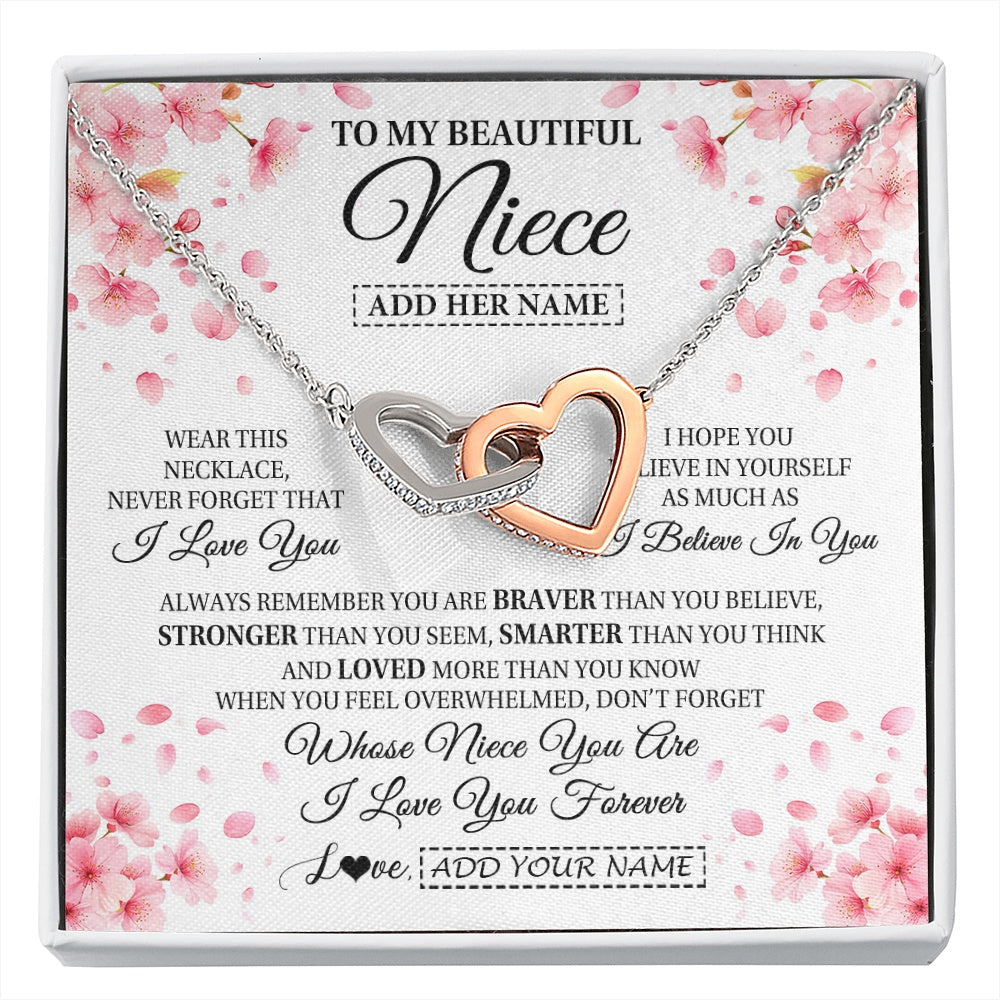 Interlocking Hearts Necklace Stainless Steel & Rose Gold Finish | 1 | Personalized To My Beautiful Niece From Aunt Uncle Necklace Never Forget Birthday Gifts For Niece Birthday Gift Graduation Christmas Gift Box Message Card | siriusteestore.myshopify