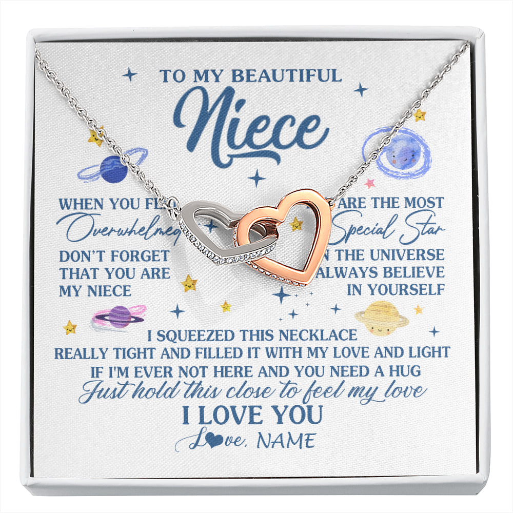 Interlocking Hearts Necklace Stainless Steel & Rose Gold Finish | 1 | Personalized To My Beautiful Niece Gifs From Aunt Necklace Inspirational Niece Birthday Gifts Jewelry Graduation Christmas Customized Gift Box Message Card | siriusteestore