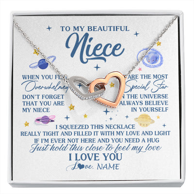 Interlocking Hearts Necklace Stainless Steel & Rose Gold Finish | 1 | Personalized To My Beautiful Niece Gifs From Aunt Necklace Inspirational Niece Birthday Gifts Jewelry Graduation Christmas Customized Gift Box Message Card | siriusteestore