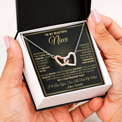 Interlocking Hearts Necklace Stainless Steel & Rose Gold Finish | 2 | Personalized To My Beautiful Niece Necklace From Aunt Auntie I Love You Jewelry Gifts For Niece Birthday Graduation Christmas Customized Gift Box Message Card | siriusteestore